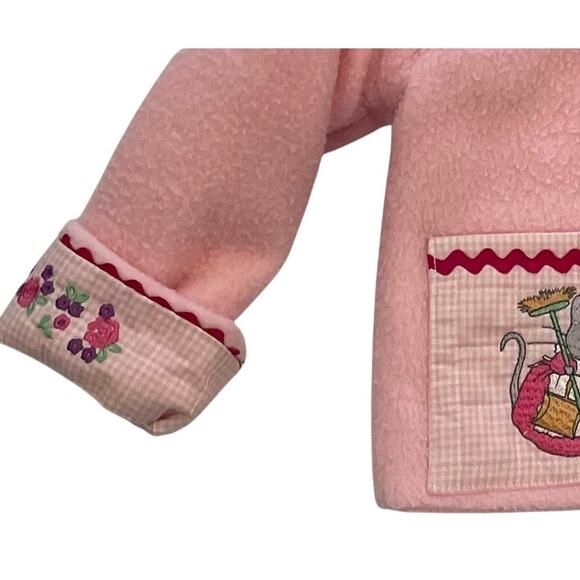 Girl's Handmade Pink Fleece Coat, Mouse, Bunny, Pockets, Ribbon Detail, 4-5T - Picture 6 of 11